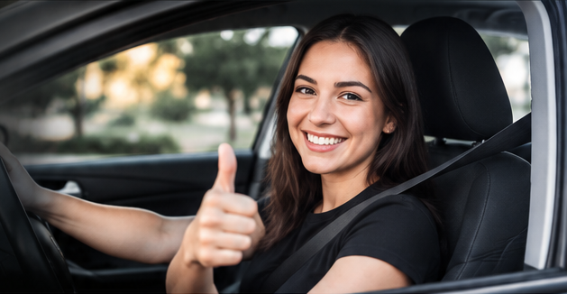 Aluna sorridente ao volante fazendo sinal de positivo
